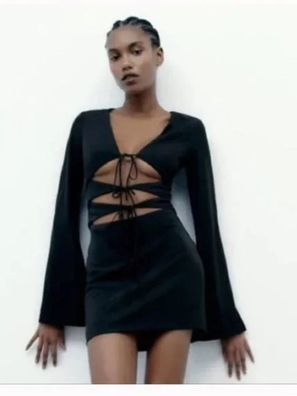 Zara Black Long-Sleeve Lace-Up Cutout Mini Dress